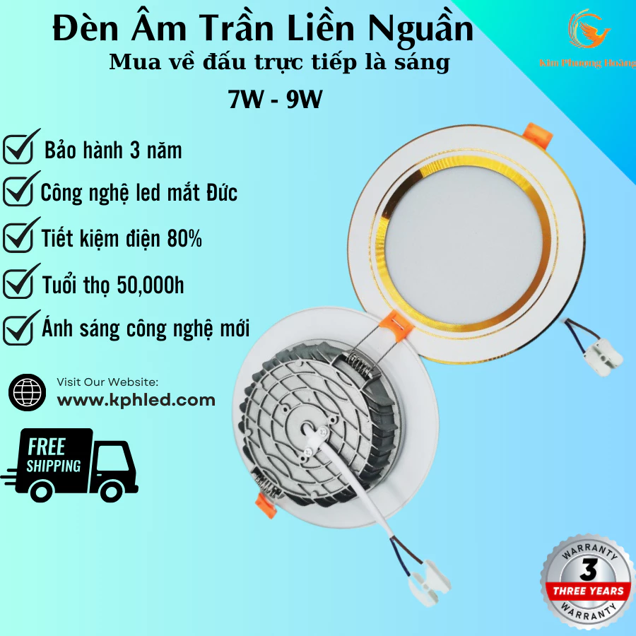 Đèn Led Âm Trần Đế Đúc (Nguồn Liền) 7W 9W Phi 90 | Đèn Âm Trần Downlight | Ánh Sáng 3 Màu | BH 3 Năm